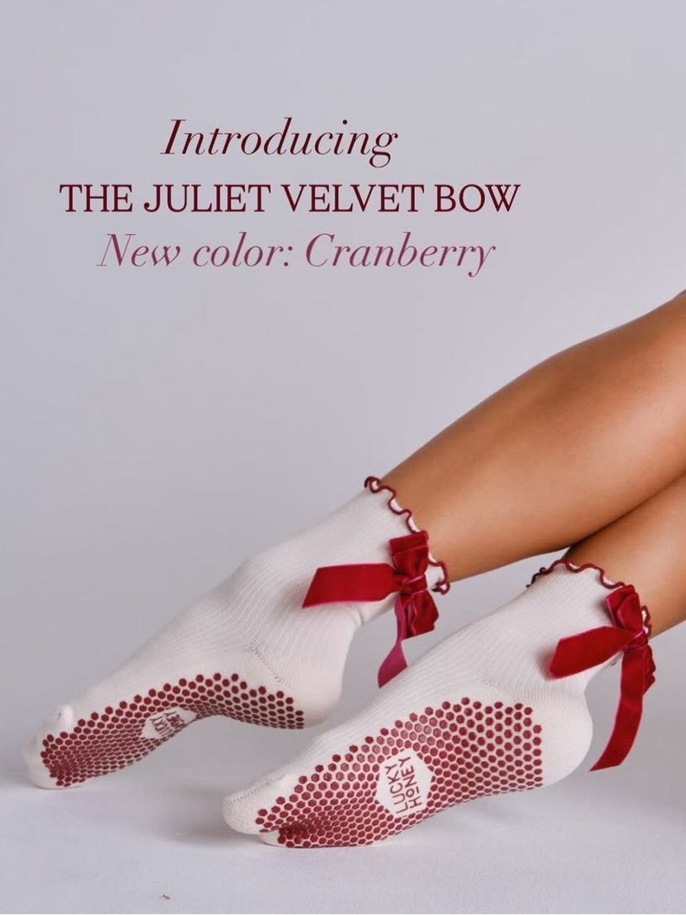 Lucky Honey Juliet Red Cranberry Velvet Bow Grip Sock Cream Sock Pilates Barre